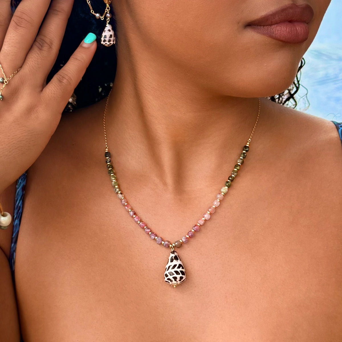 Watermemon Tourmaline & Hebrew Cone Necklace